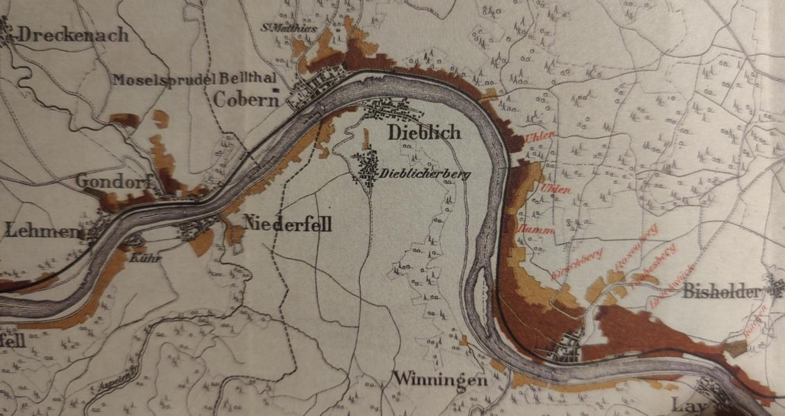 Weinbau-Karte Mosel Bezirk Koblenz (2. Auflage von 1908, inkl. Einzellagen)