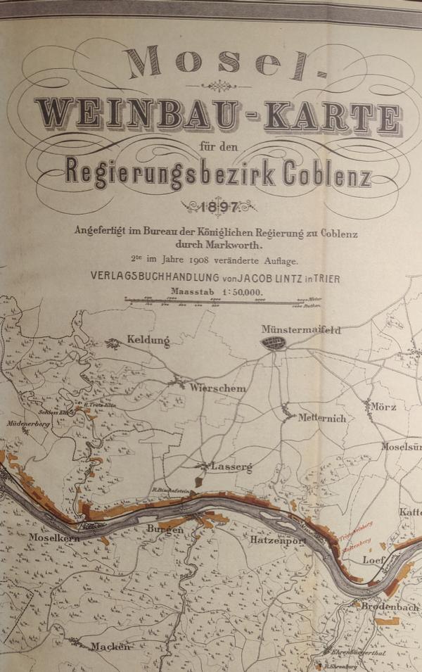 Weinbau-Karte Mosel Bezirk Koblenz (2. Auflage von 1908, inkl. Einzellagen)